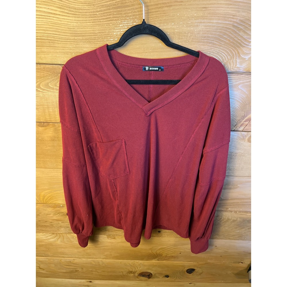 BTFBM Womens‎ Ribbed Knit V Neck Long Sleeve Top with Pocket Burgundy oversized